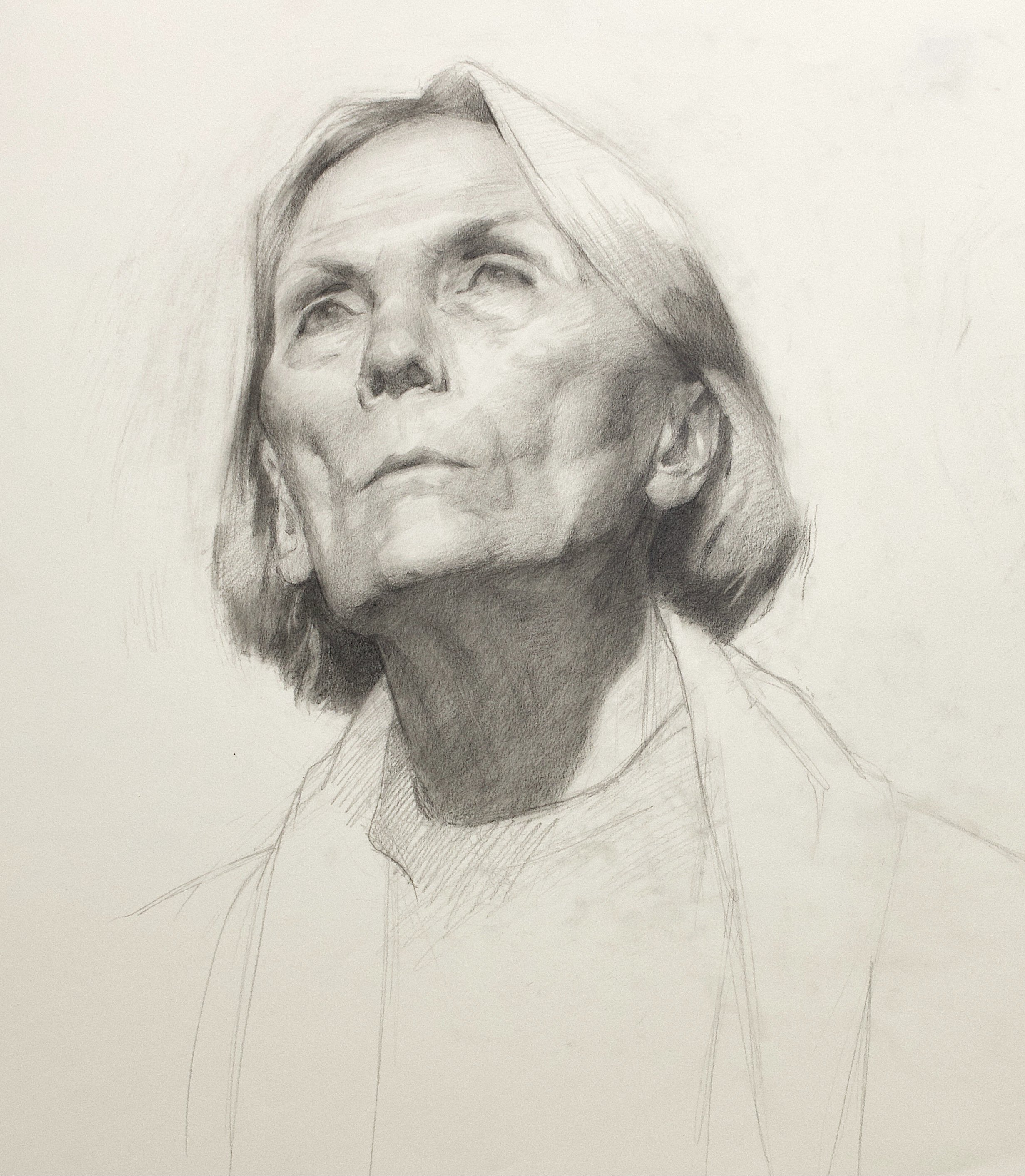 A pencil sketch of a woman with short hair looking upward with a contemplative expression.