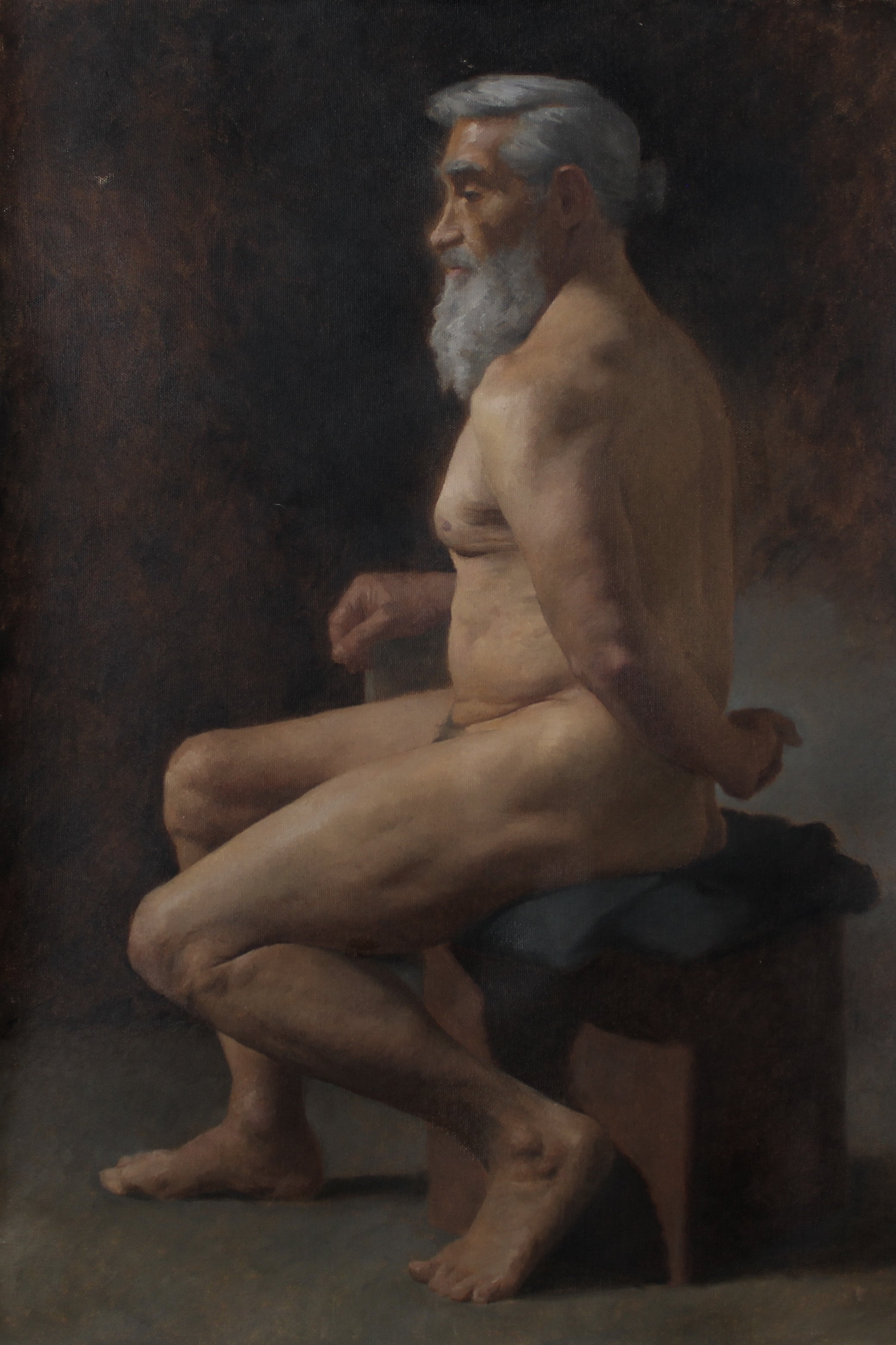 A realistic painting of an older, naked man with a white beard, sitting on a small wooden stool against a dark background. He is in profile, with his eyes looking down.