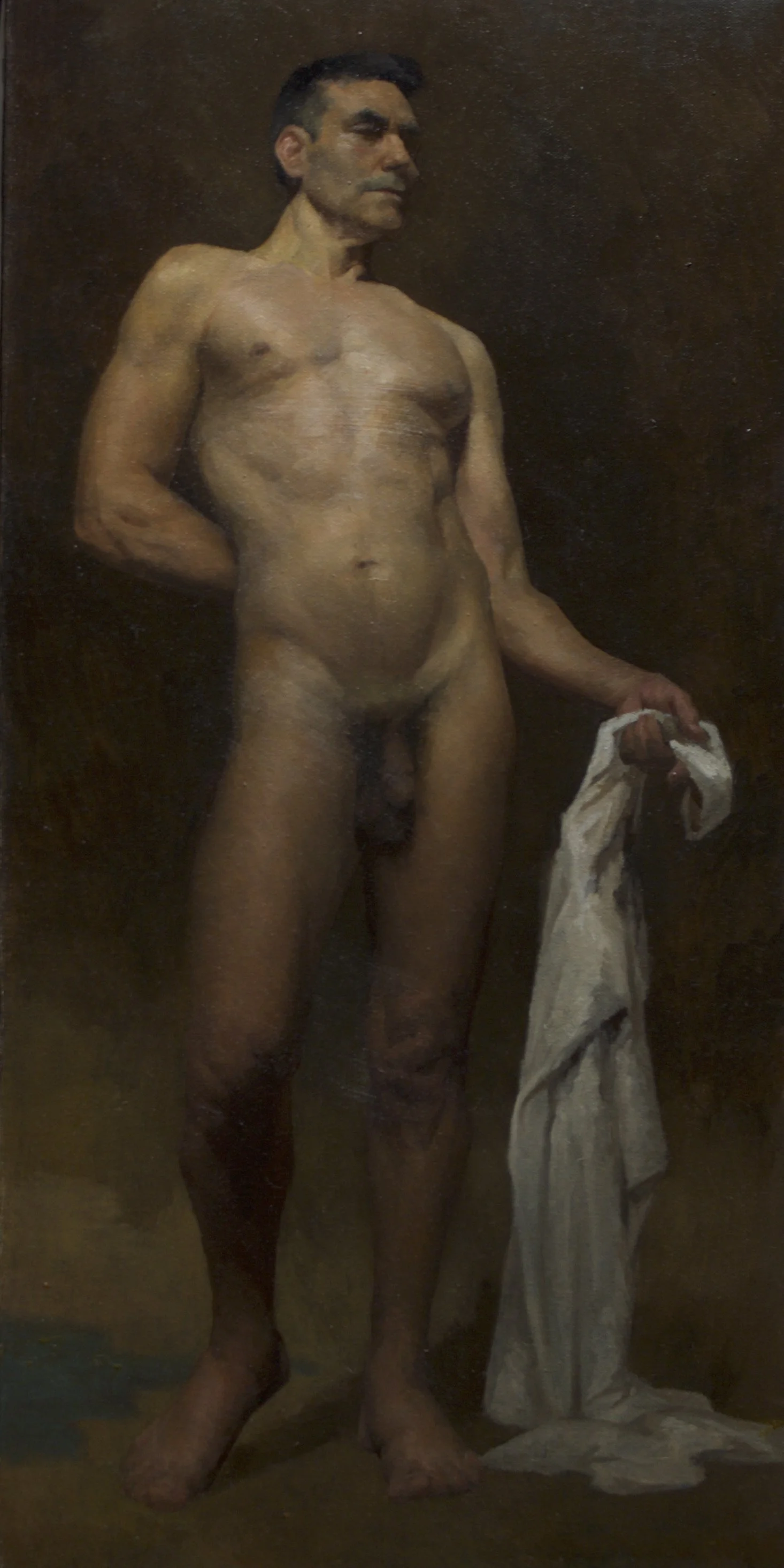 A painting of a naked man standing against a dark background, holding a white cloth in his right hand.