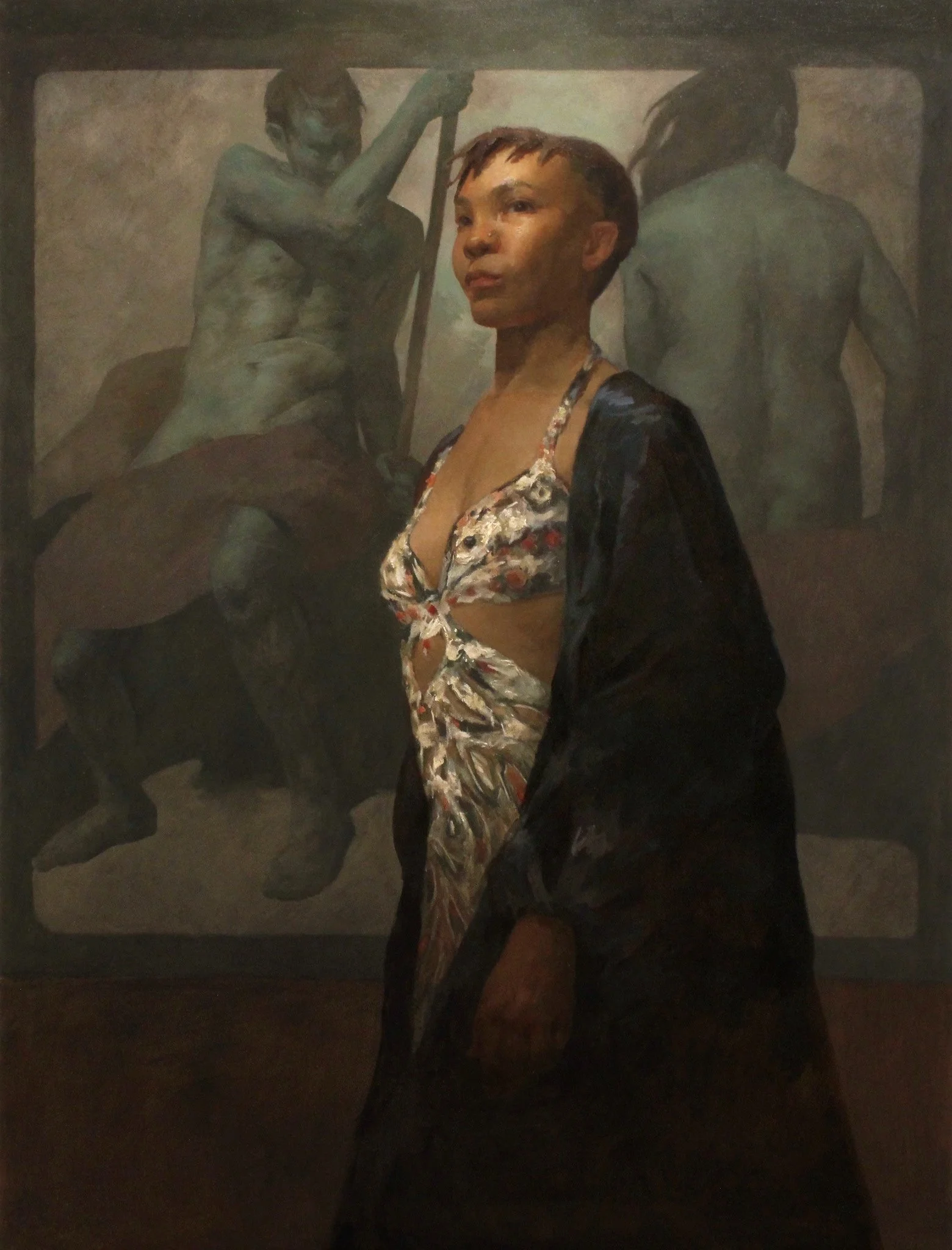 Painting of a woman in a floral dress and black jacket standing in front of a mural of three stylized figures.