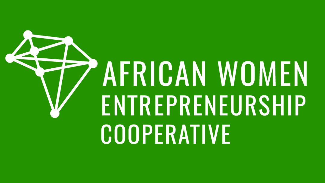 African Women Enrepreneurship Cooperative: Green background with a white connected dots outline of the African continent and the text 'African Women Entrepreneurship Cooperative' in white.