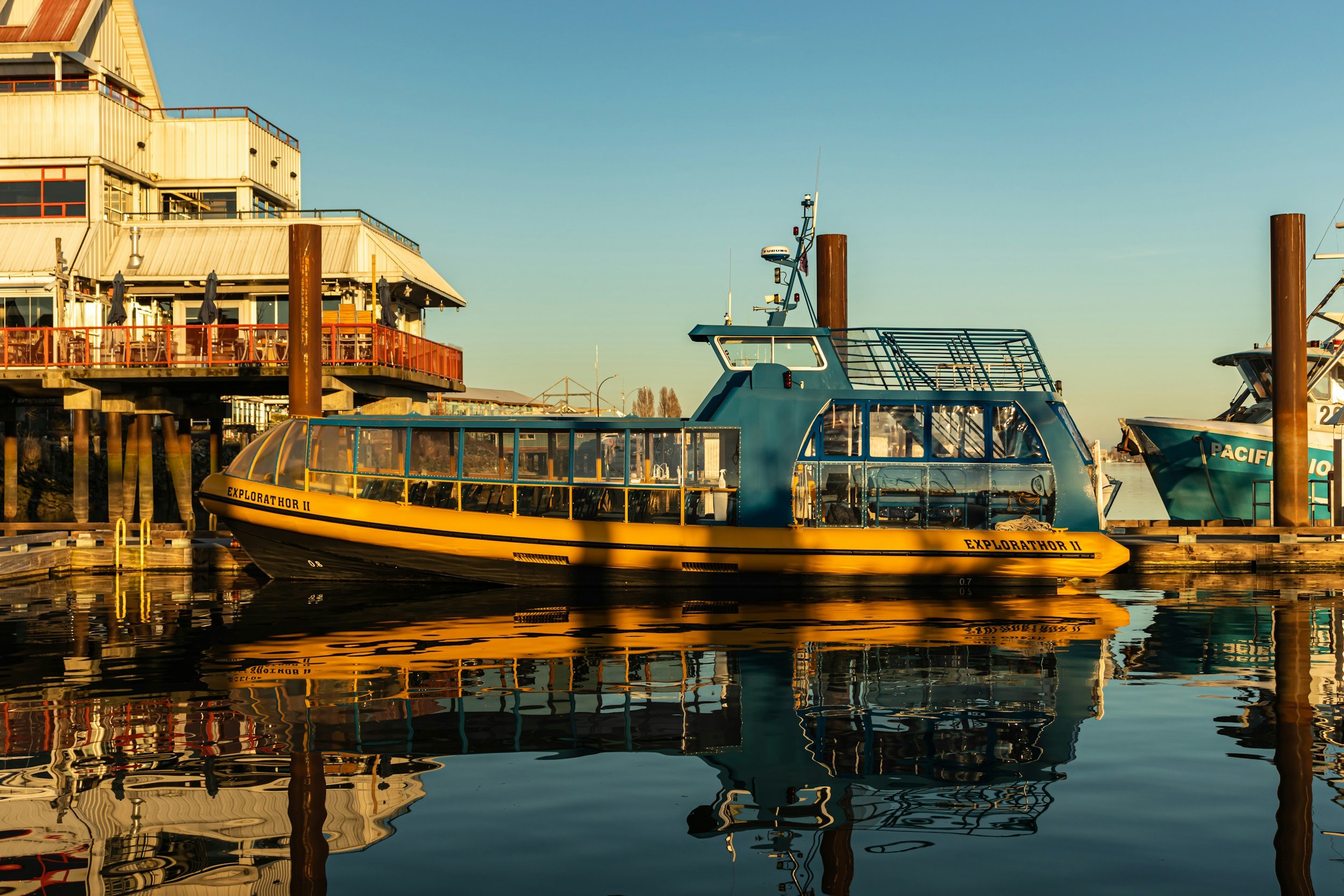 Docked boat in Richmond floating by Steveston Village