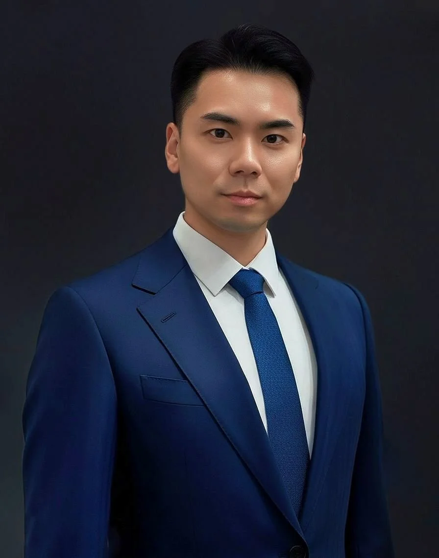 Vincent Li commercial litigation and business lawyer headshot wearing navy suit over white shirt with blue tie