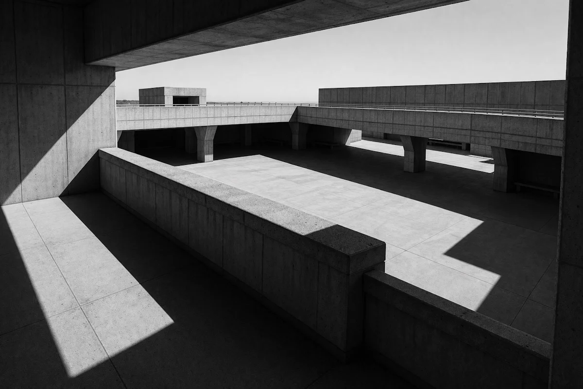 Concrete observation platform with open atrium — seeing clearly what AI adoption requires.