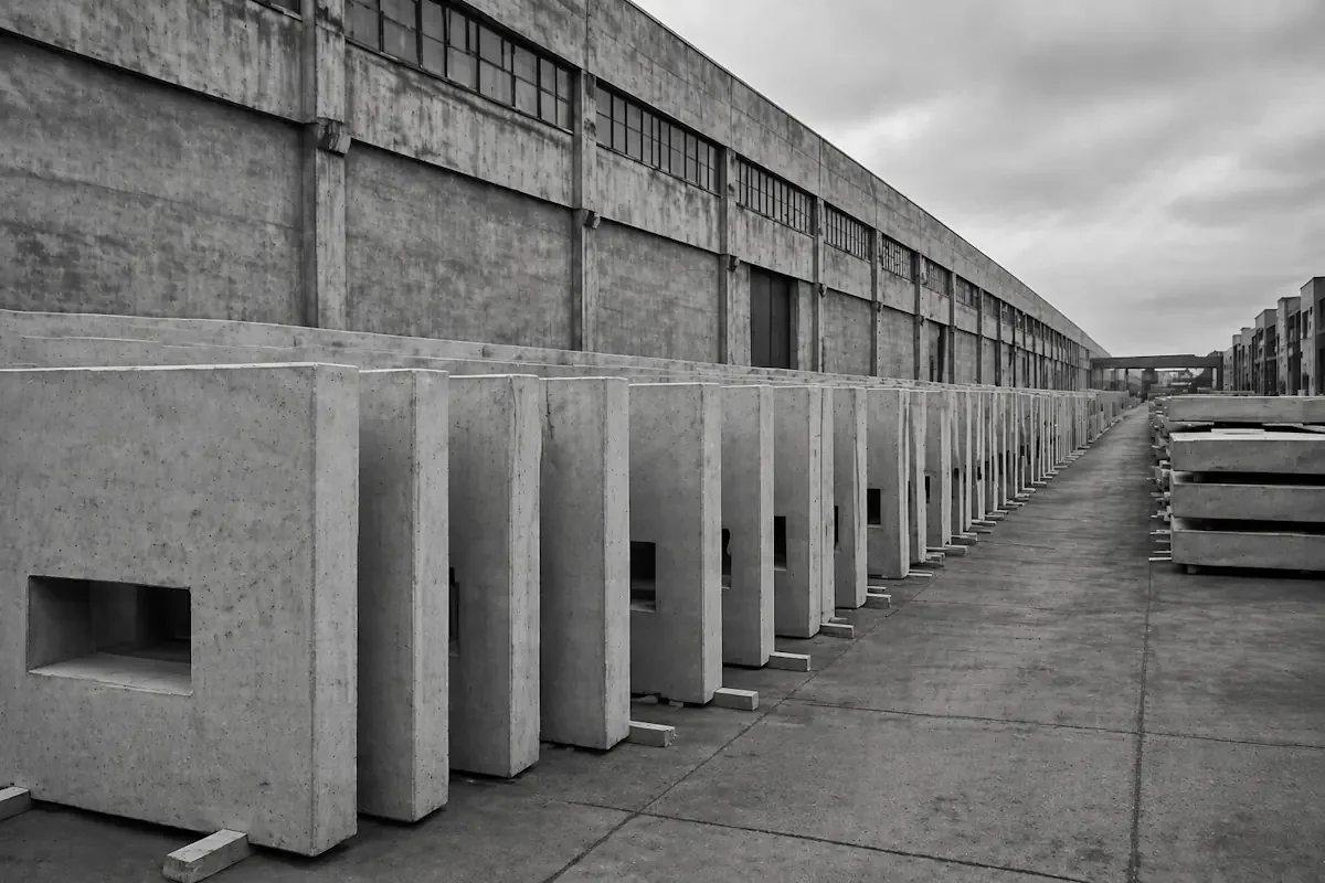 Rows of prefabricated concrete panels stacked in a loading yard — stock-to-cash timing and cash flow planning