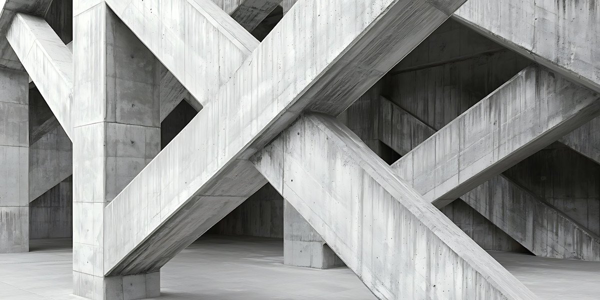 Concrete modern architectural structure with intersecting beams and staircases