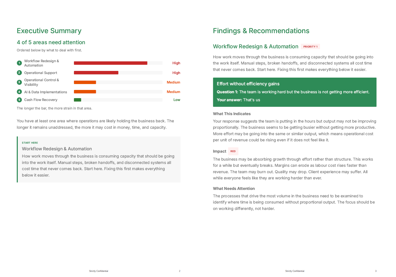 Sample Operational Health Check report showing an executive summary and prioritised findings