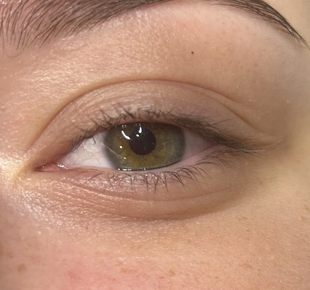 Close-up van een menselijk oog met groene iris en een lichte huid, met details van de oogleden, wimpers, en huidtextuur.