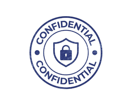 A circular stamp with the word 'Confidential' repeated twice around the edge, and a shield with a lock inside in the center.
