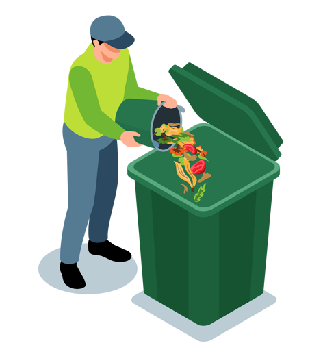 A person disposing of food waste into a green compost bin.