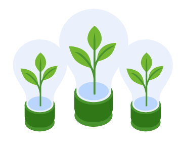 Three light bulbs with green plant sprouts inside, symbolizing clean energy and innovation.