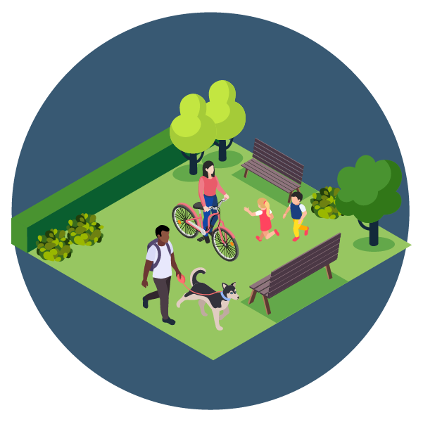 Illustration of a park scene with a woman riding a bicycle, two children walking and playing, a man walking his dog, benches, trees, and bushes.