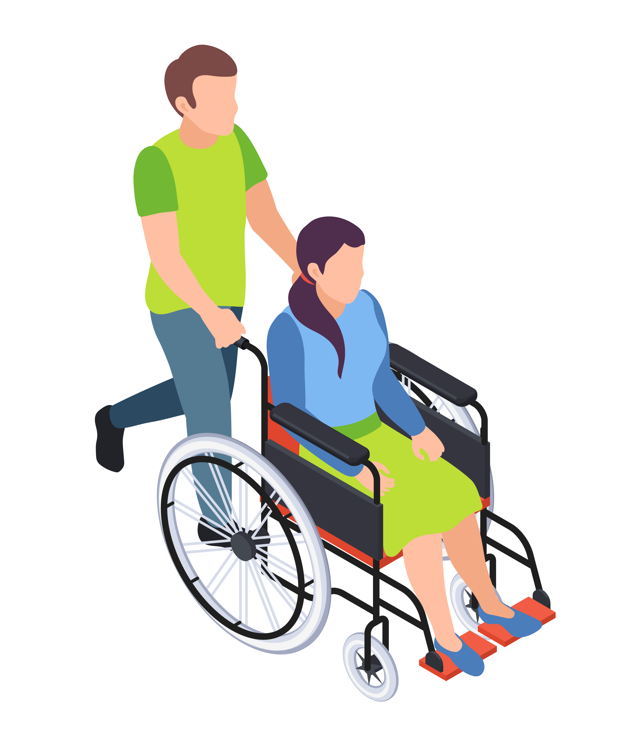 A person pushing a woman in a wheelchair with a green skirt and blue top.