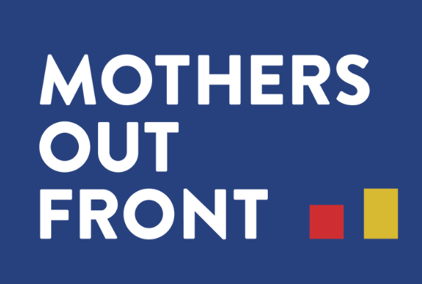 Mothers Out Front logo, with the words 'Mothers Out Front' in white text on a blue background, with a small red square and a small yellow square at the bottom right corner.