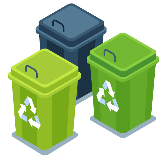 Three recycling bins with recycling symbols, two green and one dark blue, placed outside on a sidewalk.