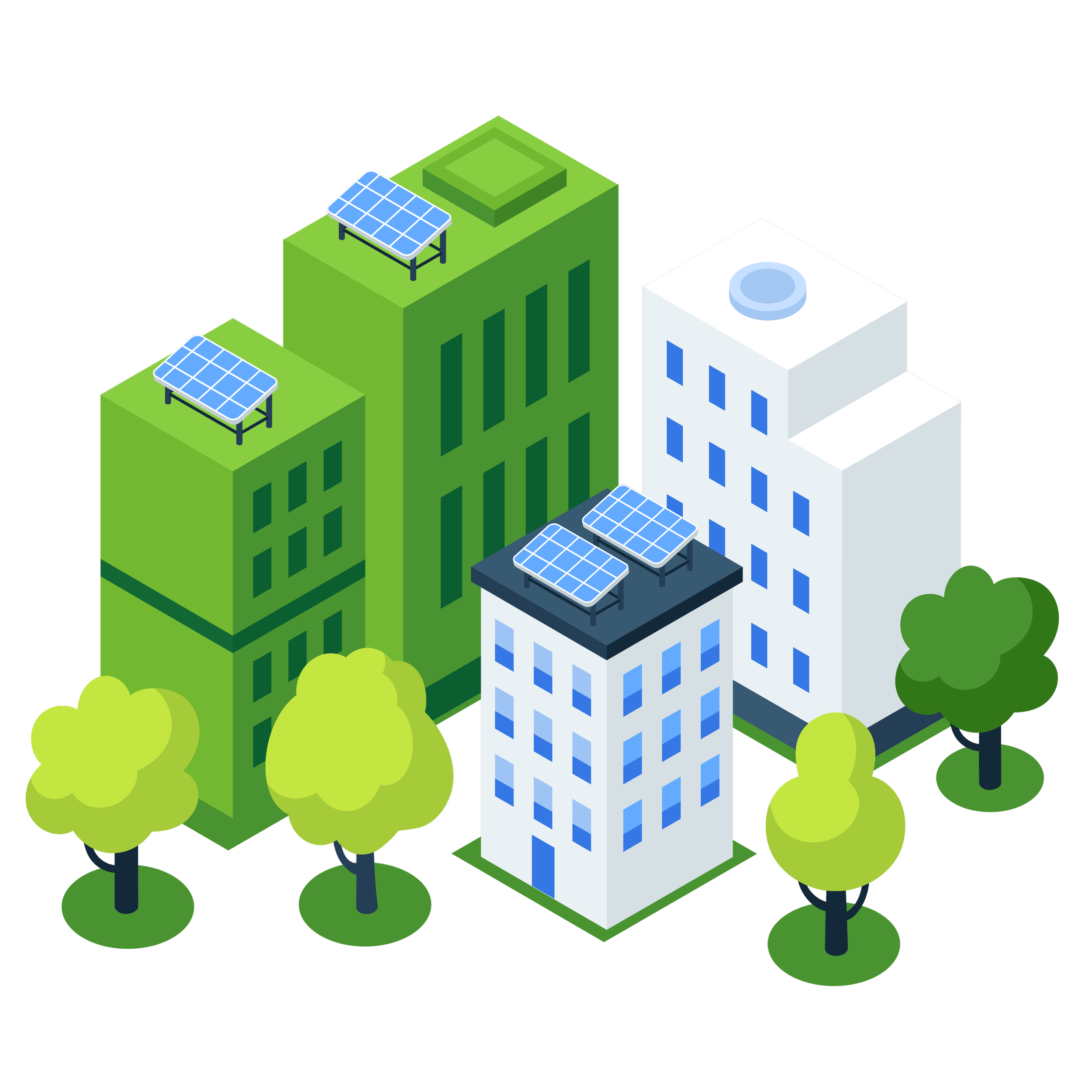 Illustration of city buildings with solar panels on rooftops, surrounded by green trees.