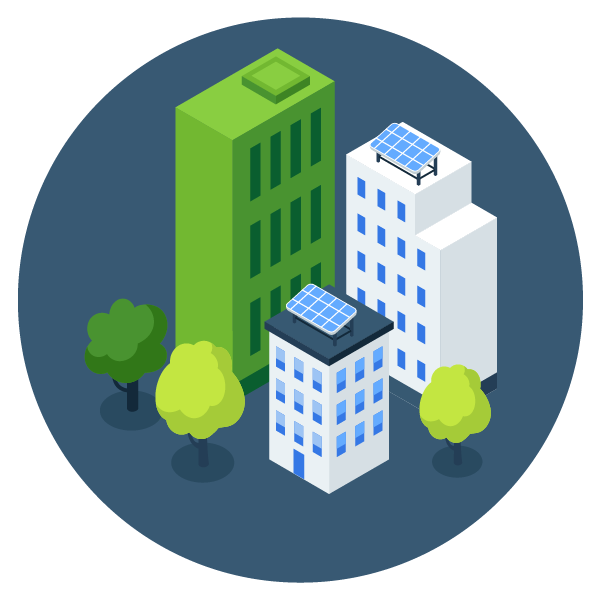Illustration of three buildings with solar panels on the roofs and three trees surrounding them.