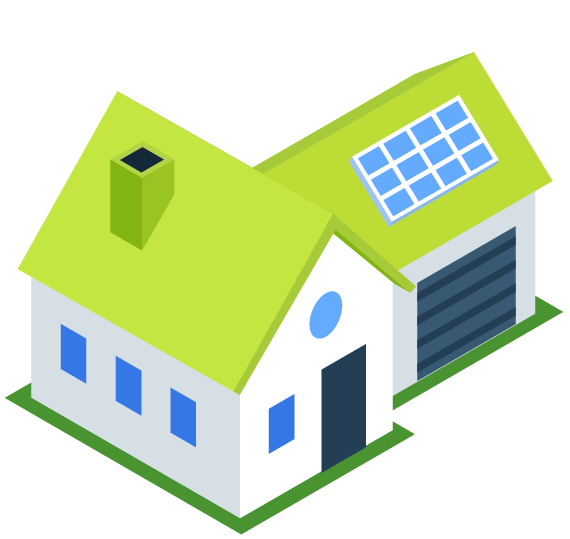 Illustration of a house with a green roof, solar panels, a garage, and a chimney.