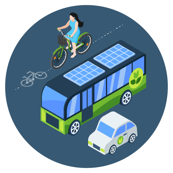 An illustration of eco-friendly transportation including a person riding a bicycle, a solar-powered bus with solar panels on the roof, and an electric car.