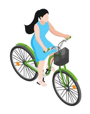 Illustration of a woman riding a green bicycle with a black basket.