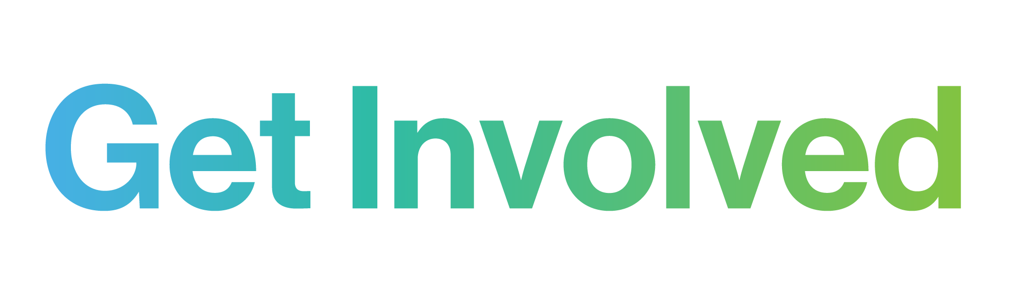 A colorful horizontal gradient text, reading "Get Involved."