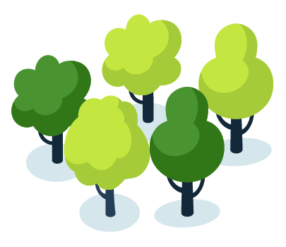 A group of cartoon-style green trees with dark brown trunks, surrounded by a blue background.