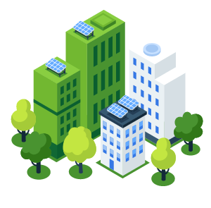 Illustration of modern green and white buildings with solar panels surrounded by green trees.