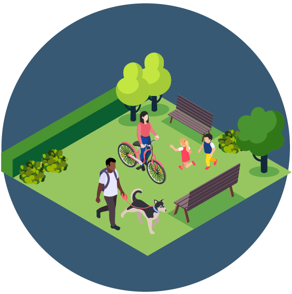 People enjoying a park with trees, bushes, benches, a woman riding a bicycle, a man walking a dog, and two children playing.