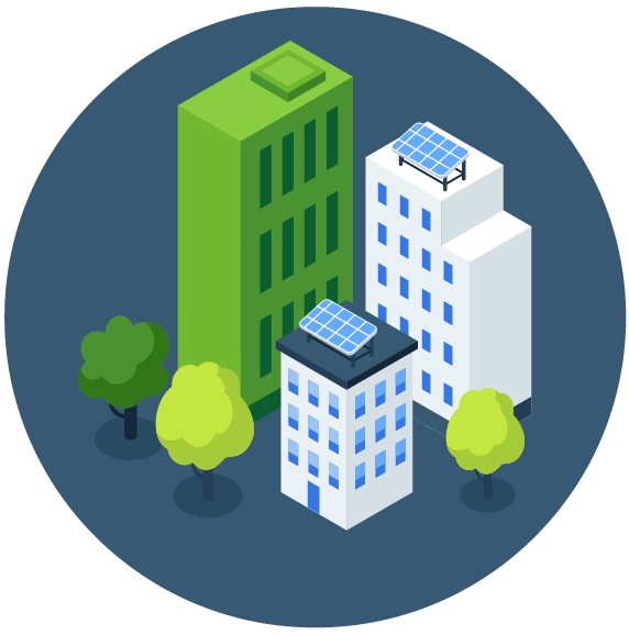 A digital illustration of three tall buildings with solar panels on top and surrounded by trees.