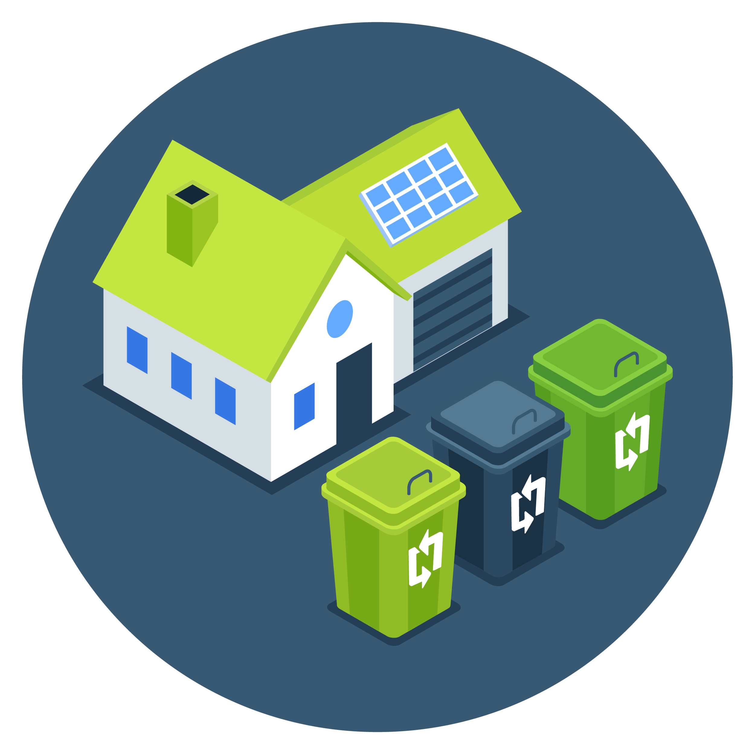 Illustration of a house with solar panels, surrounded by green and blue recycling bins.