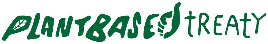 Logo for 'Plant Based Treaty' with green stylized text and leaf elements.