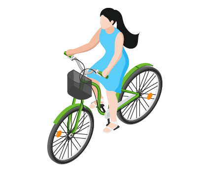A woman in a blue dress riding a green bicycle with a black basket on the handlebars.