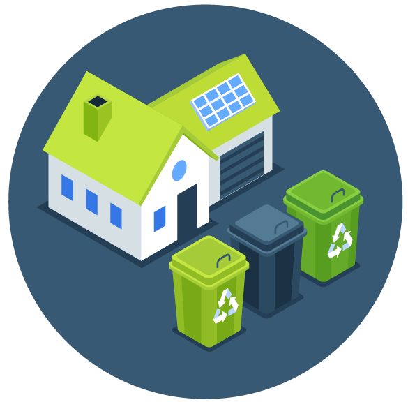 Illustration of a house with solar panels on the roof, surrounded by three recycling bins on a dark background.