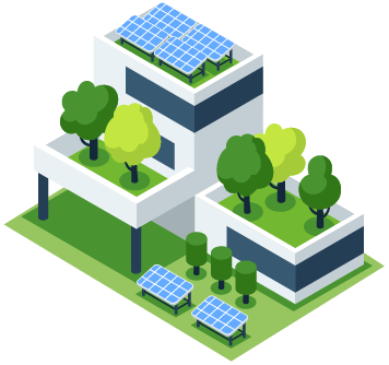An illustration of a modern eco-friendly building with solar panels on the roof and surrounding green trees and plants.