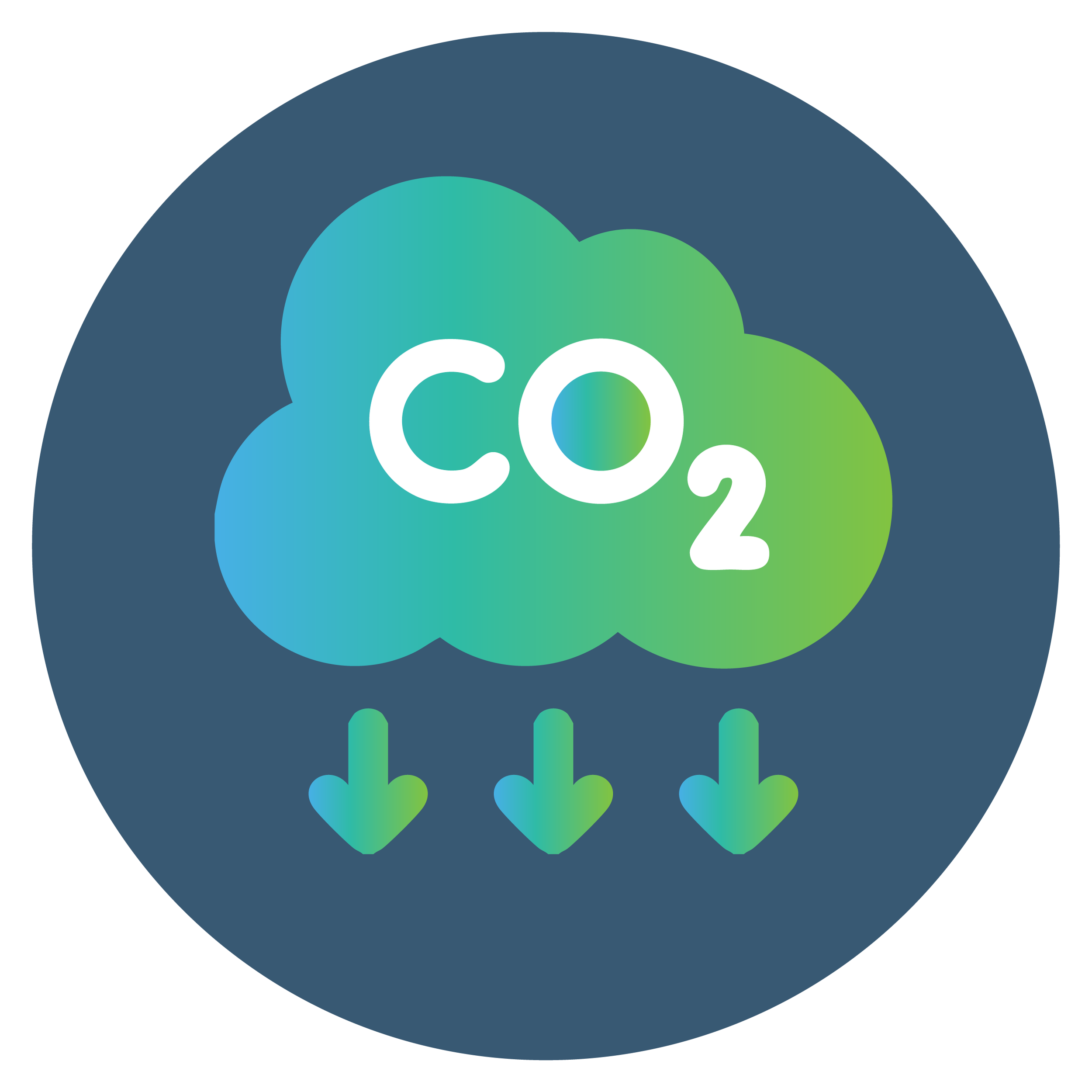 Illustration of a cloud labeled 'CO2' with three downward arrows underneath, representing carbon dioxide emissions reduction.