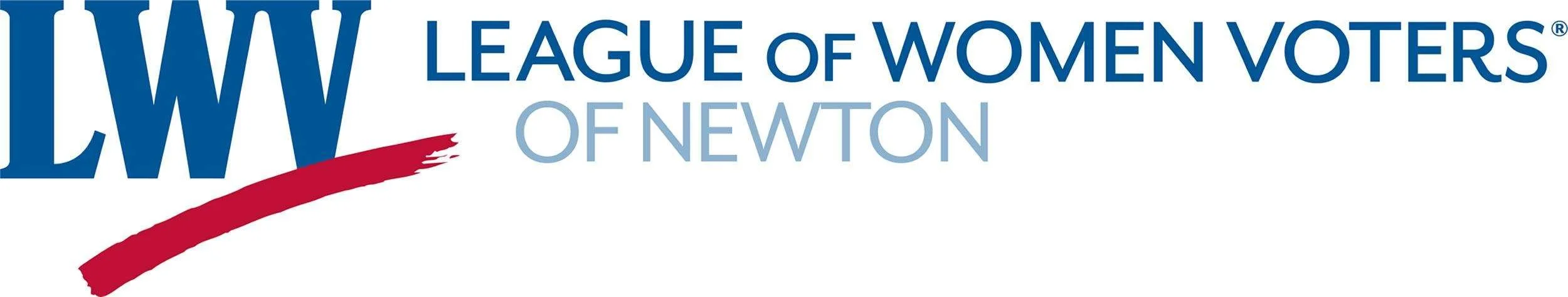 Logo of League of Women Voters of Newton with blue and light blue text and a red swoosh.