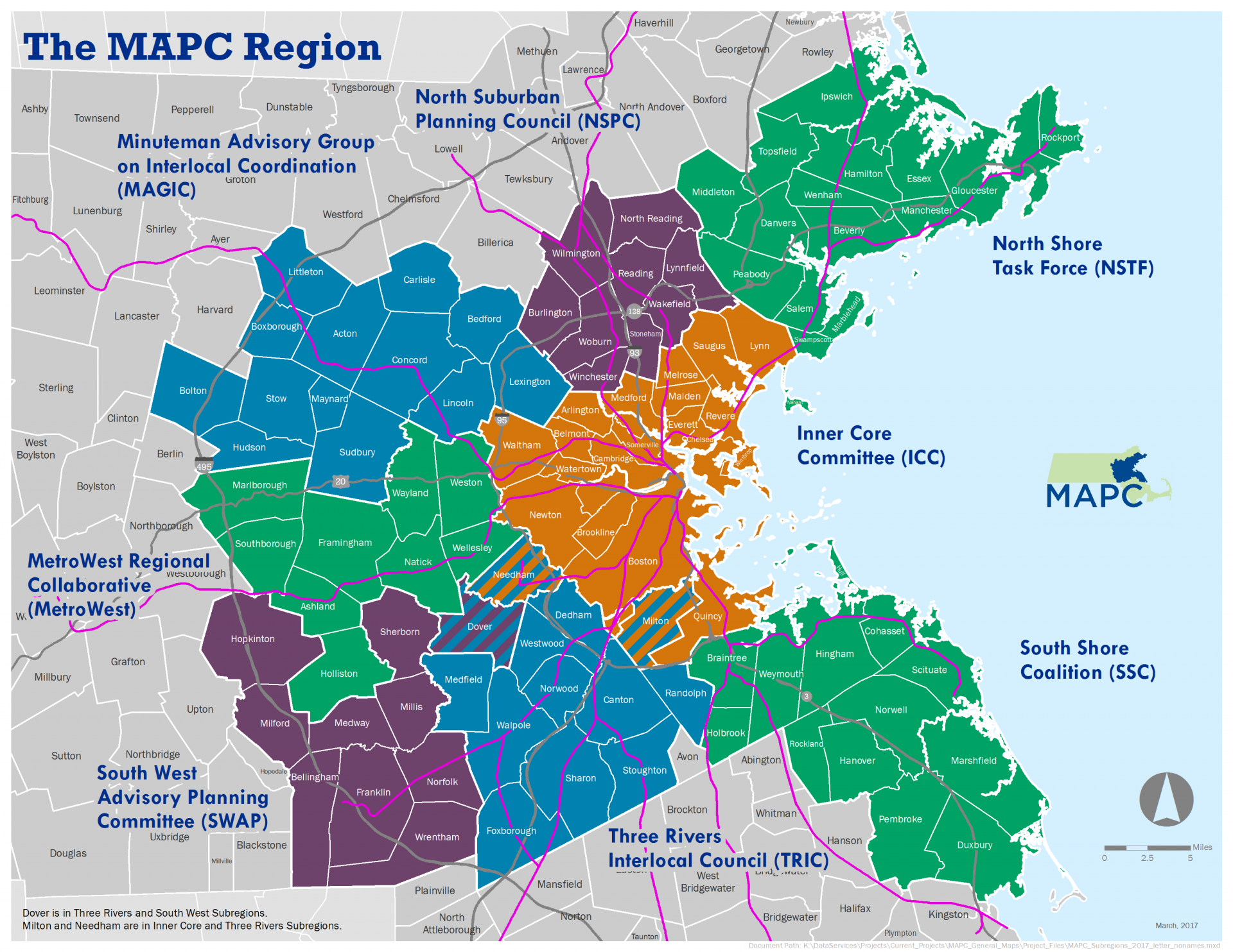 A regional map of Massachusetts showing various subregions, committees, and council areas with color coding and labels.