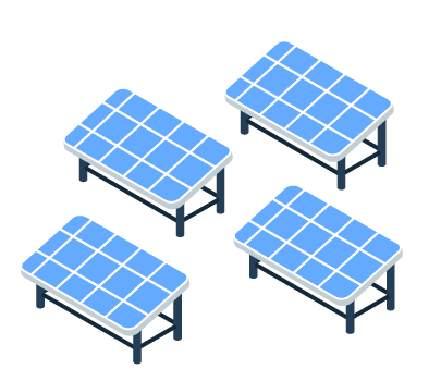 Four blue solar panel tables with black legs on a white background.