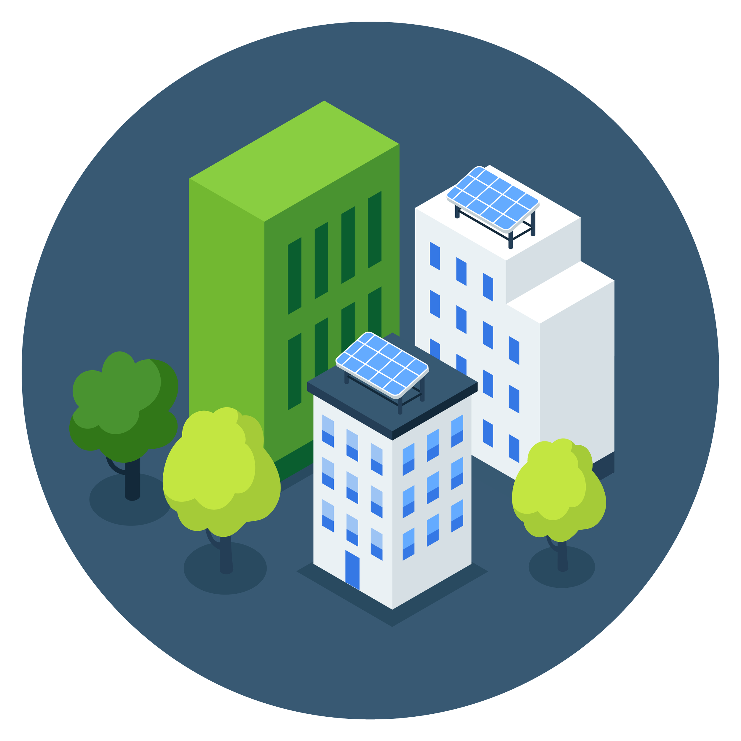 Three medium-sized buildings with solar panels on their roofs, surrounded by trees, against a dark background.