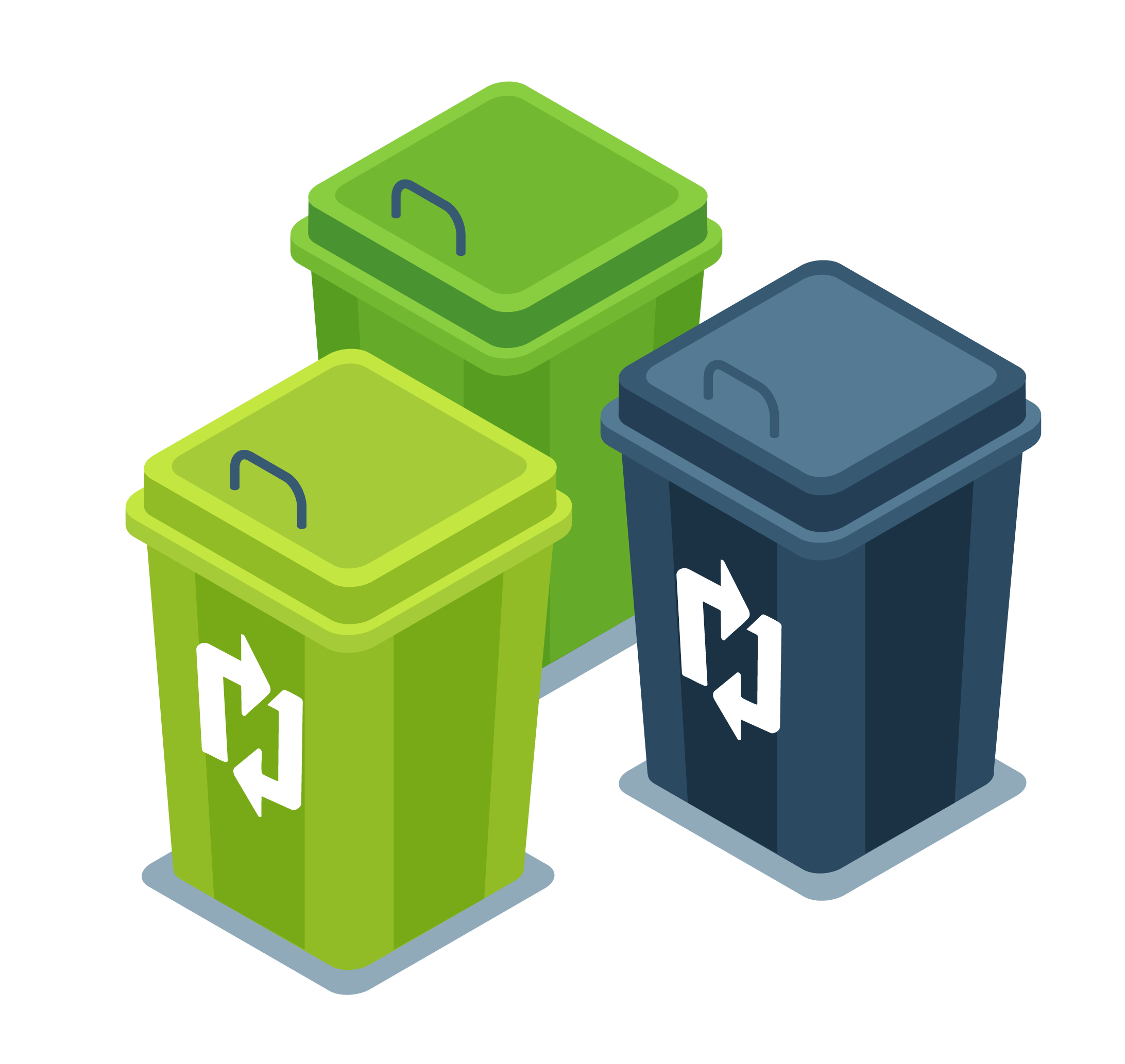 Three recycling bins: two green bins with recycling symbols and a blue bin with a recycling symbol, placed on a gray pavement.
