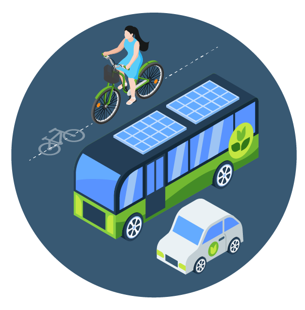 Illustration of a woman riding a bicycle on top of a green and black electric bus with solar panels on its roof, alongside a small white electric car, emphasizing eco-friendly transportation and renewable energy.
