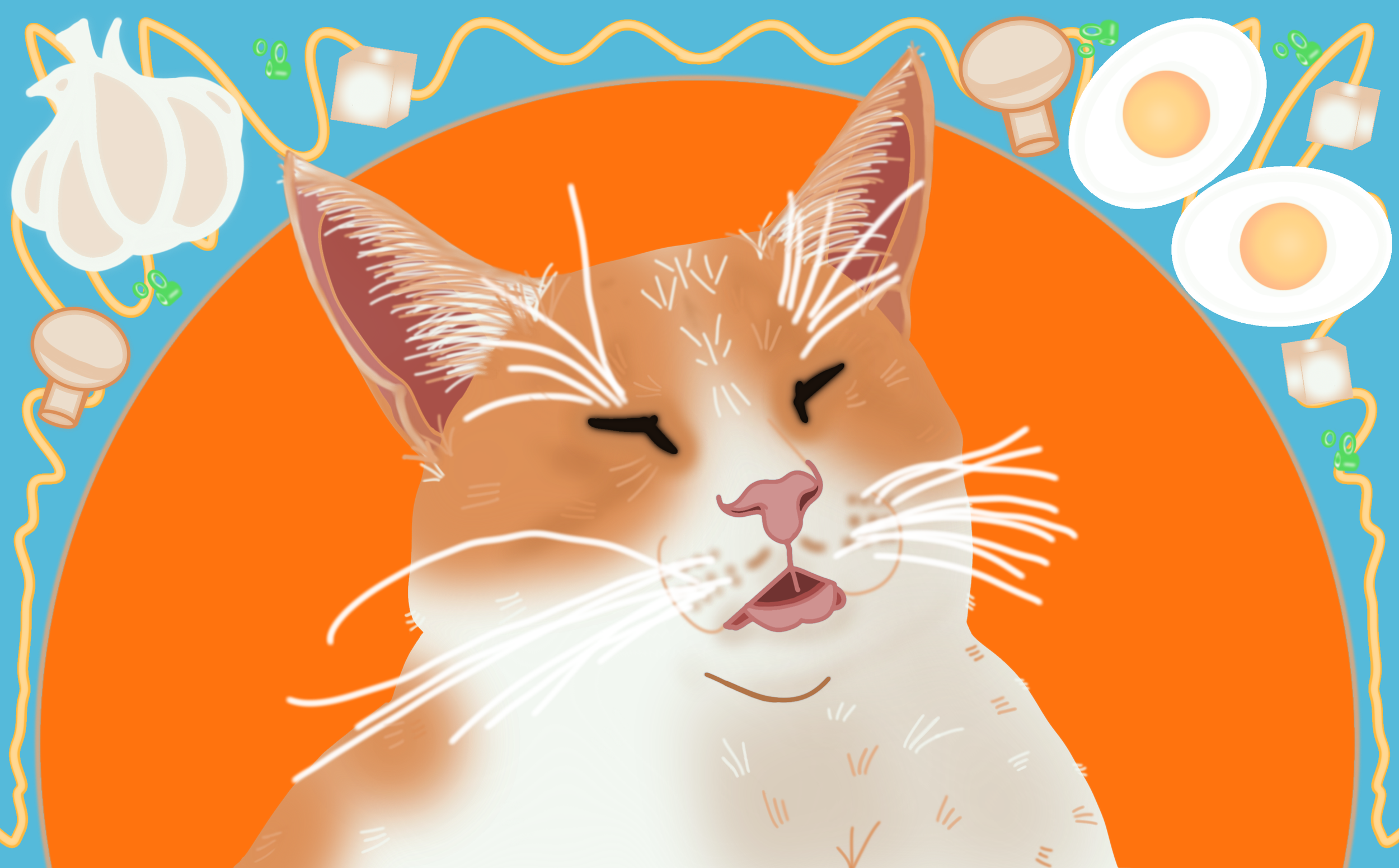 A cartoon illustration of a content cat with closed eyes, smiling slightly, surrounded by medical and laboratory equipment including test tubes, a microscope, and petri dishes, set against a vibrant background with playful elements.