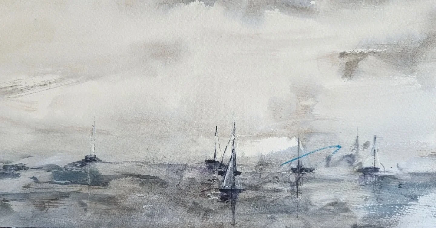 Nice little watercolor boatscape!  16x8 on great paper. This is a sweet piece with an amazing mood. Begging to be framed! 
#watercolour #abstractpainting #noplanpainting #mgrahamwatercolors #alanmarsdenart