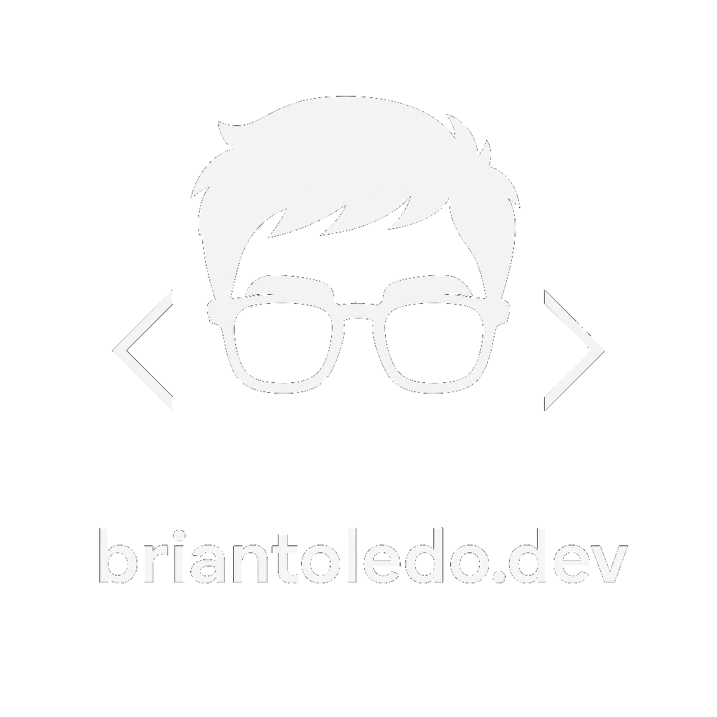 Logotipo de un avatar con gafas y cabello peinado hacia un lado, en colores blanco y negro, con el texto 'briantoledo.dev' debajo.