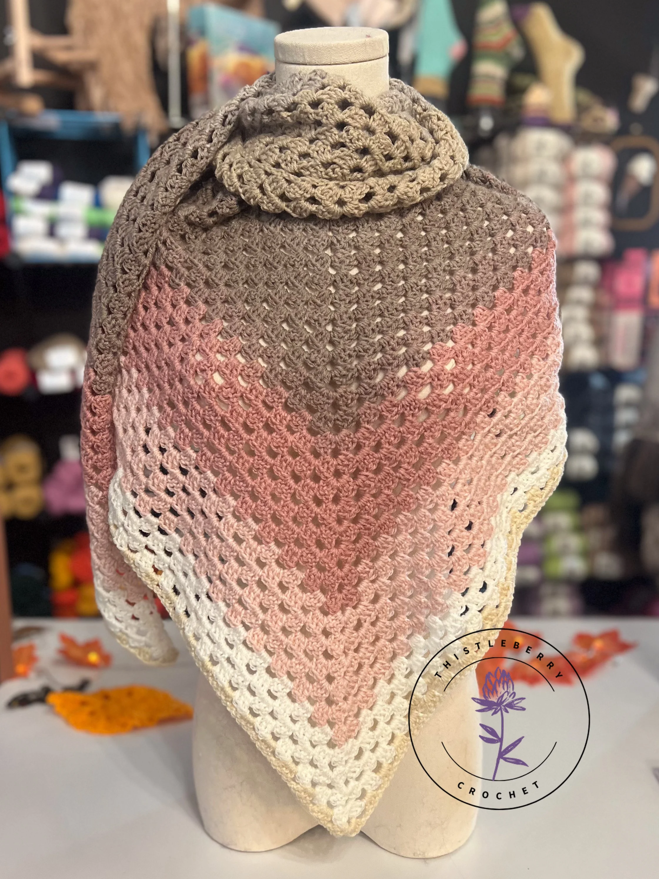 Crochet Triangle Shawl using Lion Brand Mandala Bonus Bundle Yarn in the Color Mouth