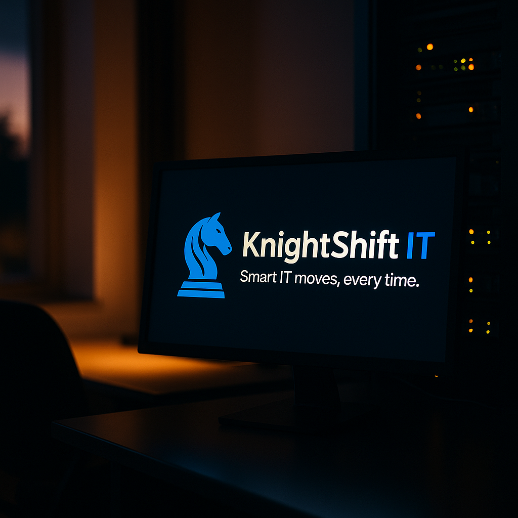 A computer monitor displaying the KnightShift IT logo with a blue horse head icon and the text 'KnightShift IT' and 'Smart IT moves, every time.' in a dark room.