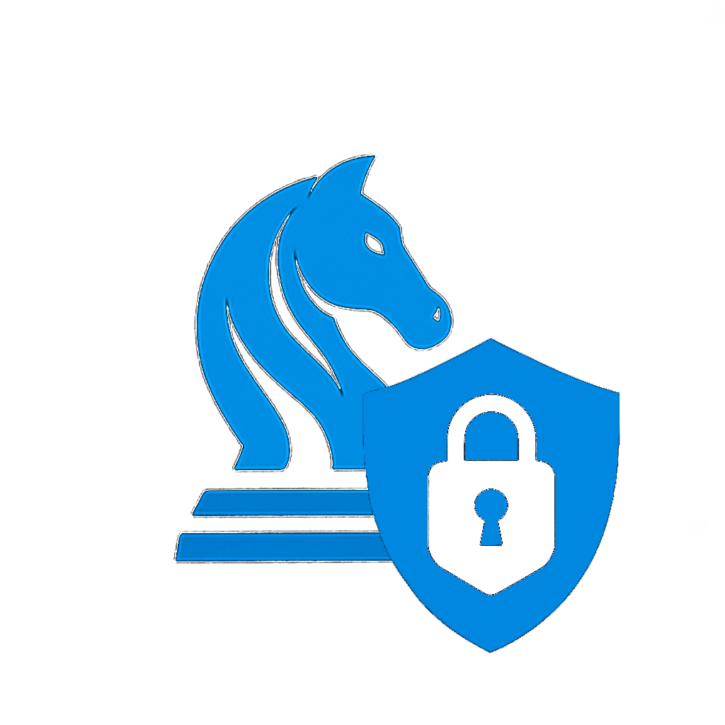 A logo featuring a blue horse's head (Knight Chess piece) facing right, with a shield in front of it with a padlock symbol, indicating security or protection.