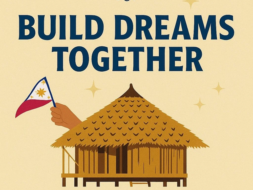 An image of a bahay kubo with a waving Philippine flag, symbolizing building dreams together.