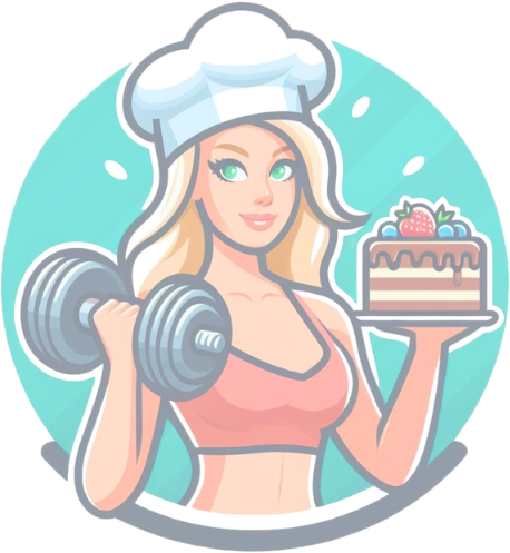 Cartoon woman dressed as a chef holding a cake with berries and a dollop of whipped cream, while lifting a dumbbell.