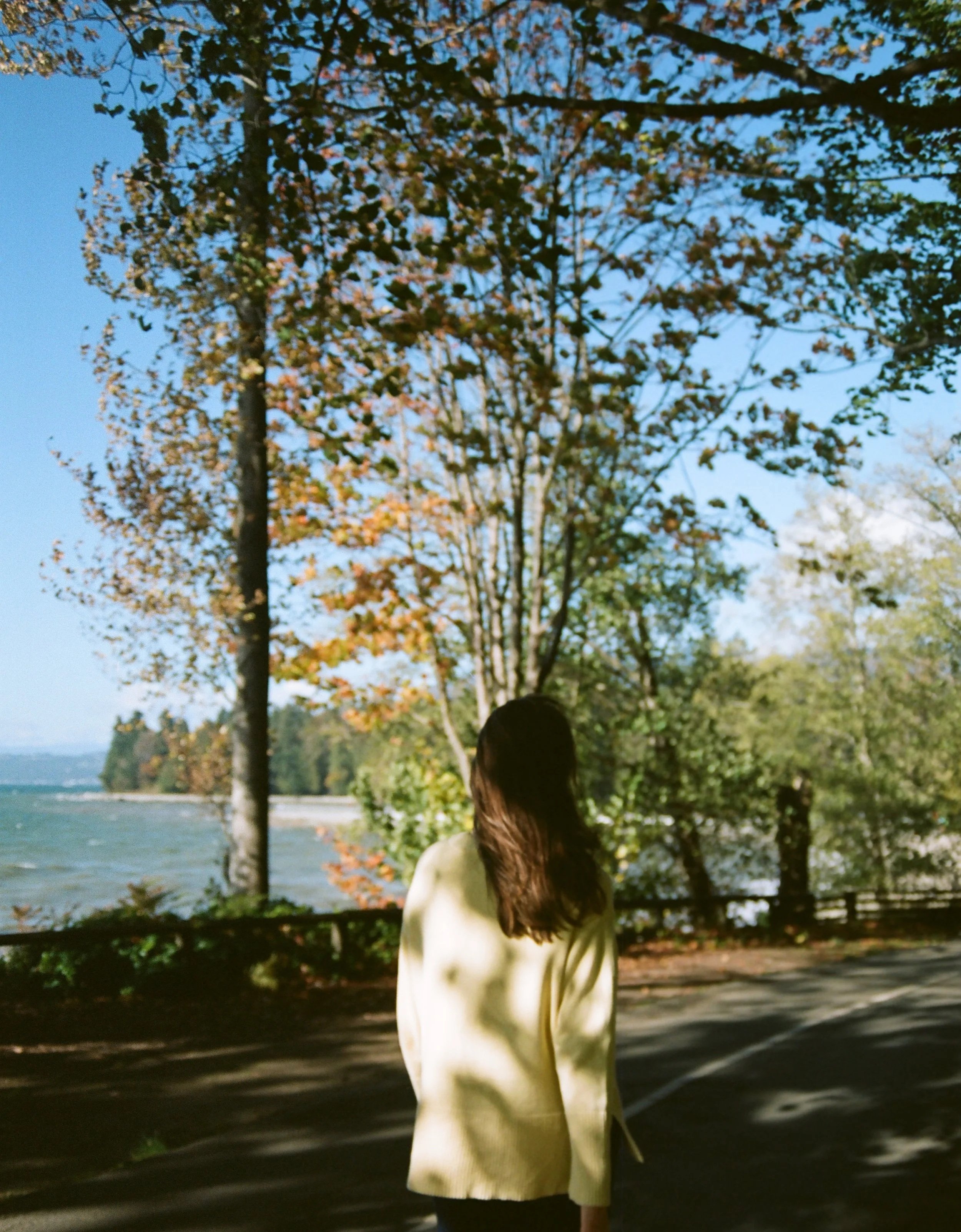 A woman with long hair wearing a light-colored coat walking in a park near a body of water, surrounded by trees with multicolored autumn leaves.